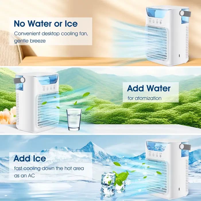 Climatiseur portable 3-en-1 : mini ventilateur, refroidisseur et humidificateur avec réservoir d'eau de 700 ml à remplissage par le haut et veilleuse 7 couleurs, minuterie 2/4/6 heures