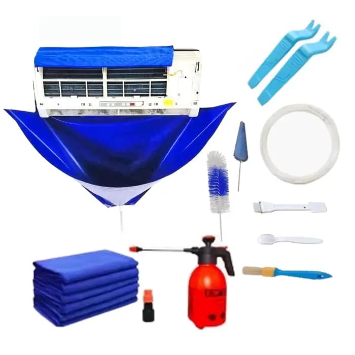 Kit de nettoyage pour climatiseur mural bleu avec couverture de protection et outils étanches pour nettoyage de printemps et déménagement