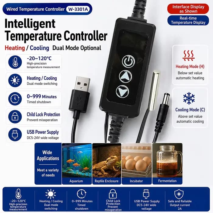 Thermostat numérique multifonctionnel DC 5-24V avec minuterie pour le contrôle de la température (chauffage et refroidissement) pour l'élevage domestique et la fermentation