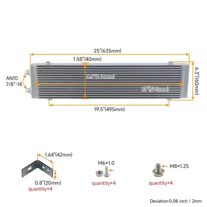 Échangeur de chaleur à grand cœur : 23"x5.5"x1.58" Refroidisseur d'huile à barres et plaques universel double passage AN10 + Vis de fixation Support de montage Noir/Argent