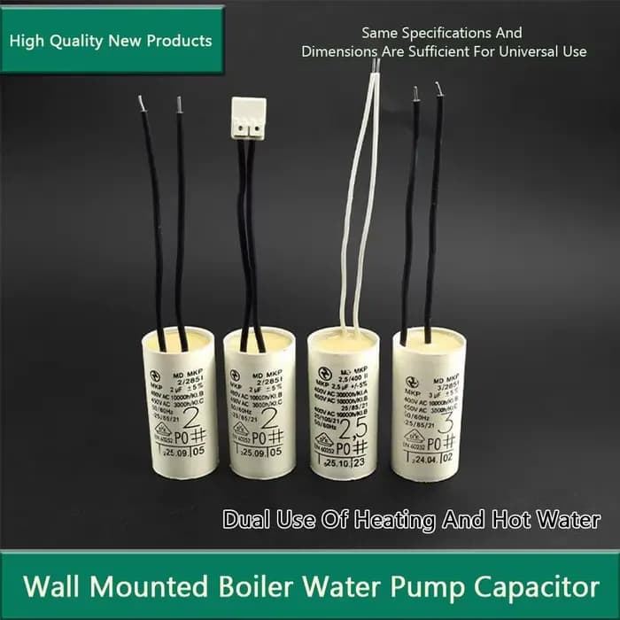 Condensateur de pompe à eau pour chaudière 2uF 2.5uF 2.6uF 3uF, en plastique et métal, à montage mural, pour moteur de circulation avec connecteur (1 pièce)