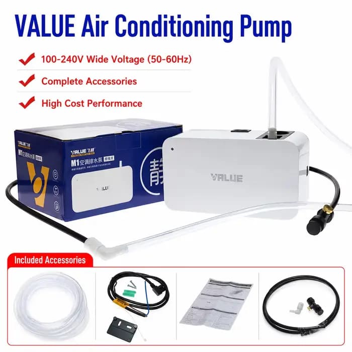 Pompe à condensat VALUE M1 100-240V ultra silencieuse automatique pour climatiseur mini-split HVAC, pompe de drainage 24L/h, hauteur de refoulement 10m, pour climatiseur 30000 BTU
